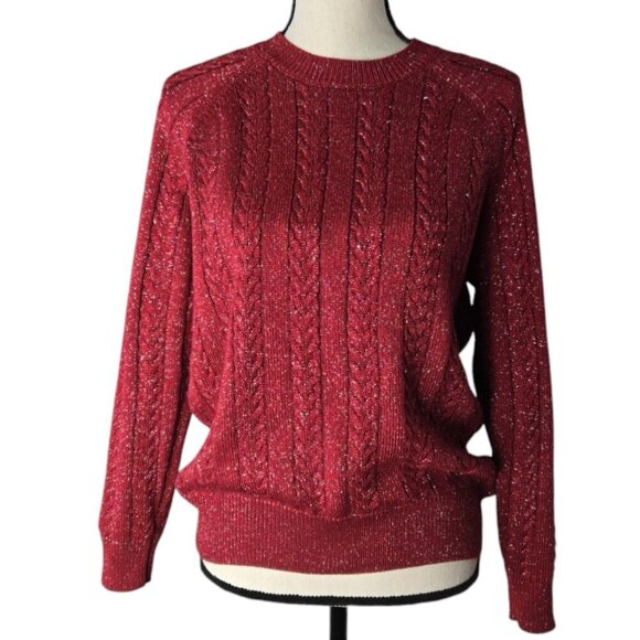 Athleta Red Silver Metallic Sparkle Cable Knit Sweater XS - Picture 3 of 7